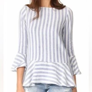 Alice + Olivia Doyle Peplum Top, Slub Linen blue stripe and trumpet sleeve